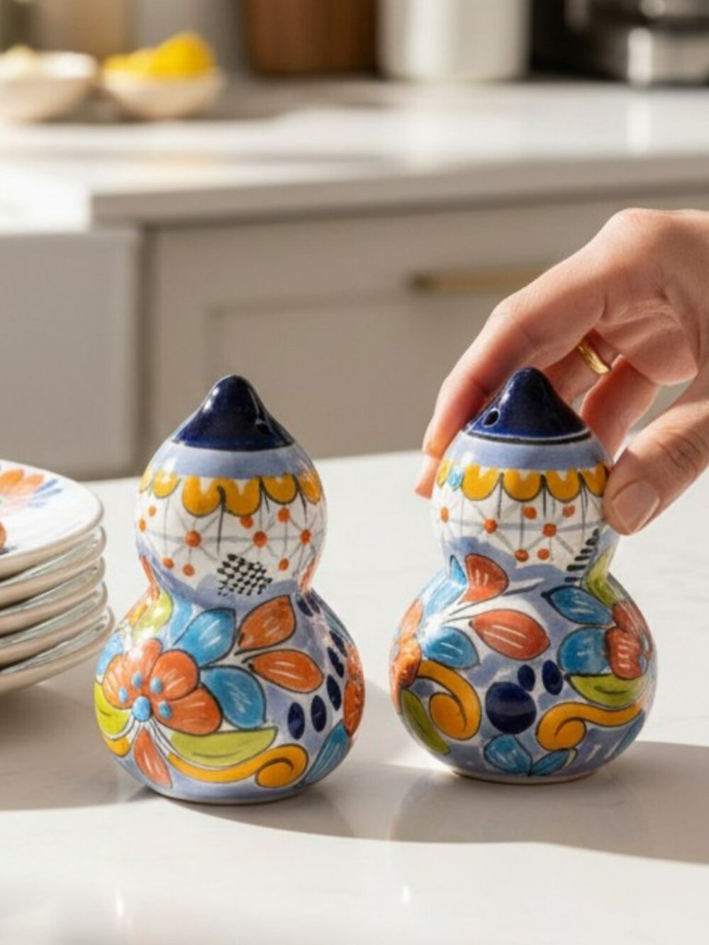 Talavera Blue, Orange and White Mexican Made Salt and Pepper Shakers - NWOT